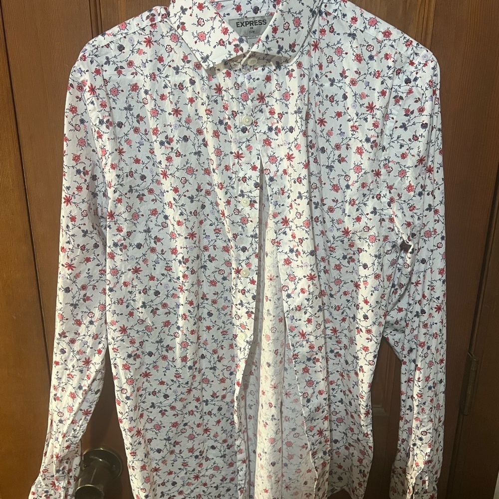Express Men's Floral White and Red Shirt
